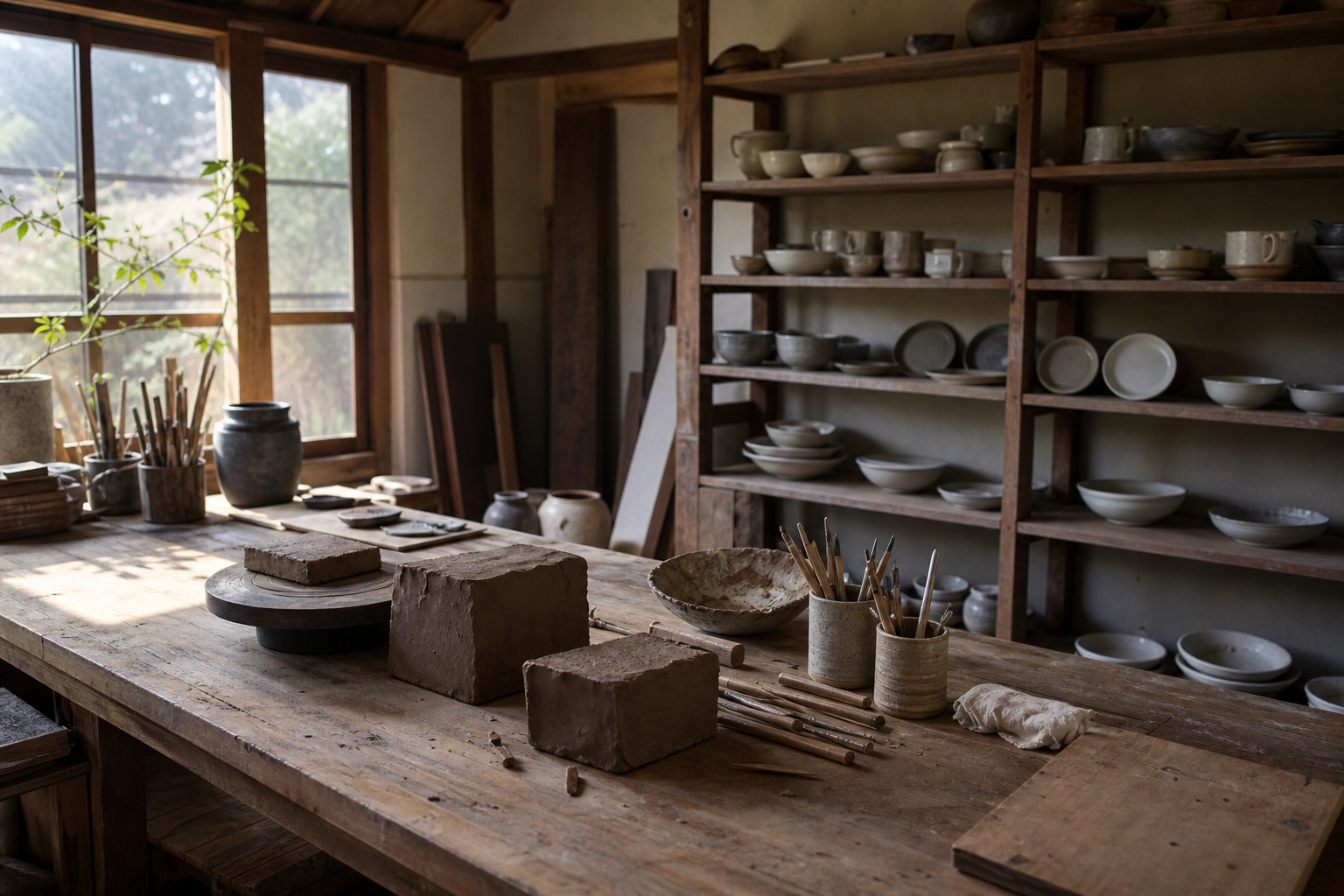 工具や作品が並ぶ工房の一角