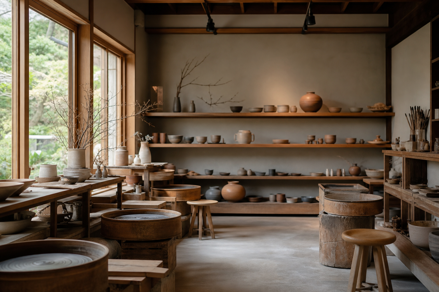 落ち着いた光が差し込む陶芸工房の情景